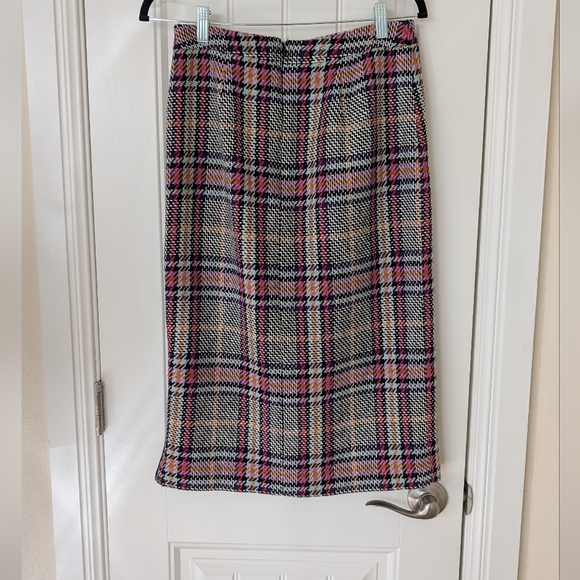 Halogen Colorful Plaid Tweed Pencil Skirt with Side Slit - Picture 9 of 11